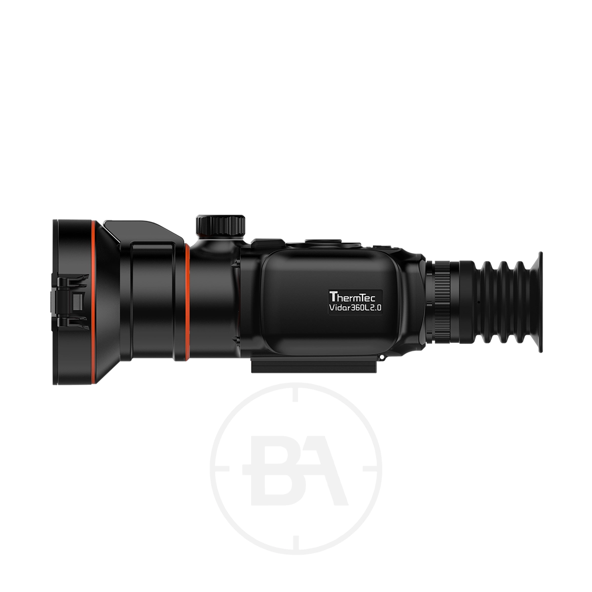 ThermTec Vidar 360L 2.0 Thermal lmaging Rifle Scope 9 Side view of the ThermTec Vidar 360L 2.0 Thermal Imaging Rifle Scope in black with orange accents and a textured eyepiece, shown on a white background.