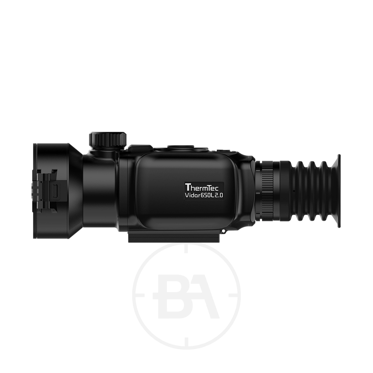ThermTec 650L 2.0 Thermal lmaging Rifle Scope 9 Side view of a ThermTec 650L 2.0 Thermal Imaging Rifle Scope in black, featuring a control dial and eyepiece, displayed against a white background.