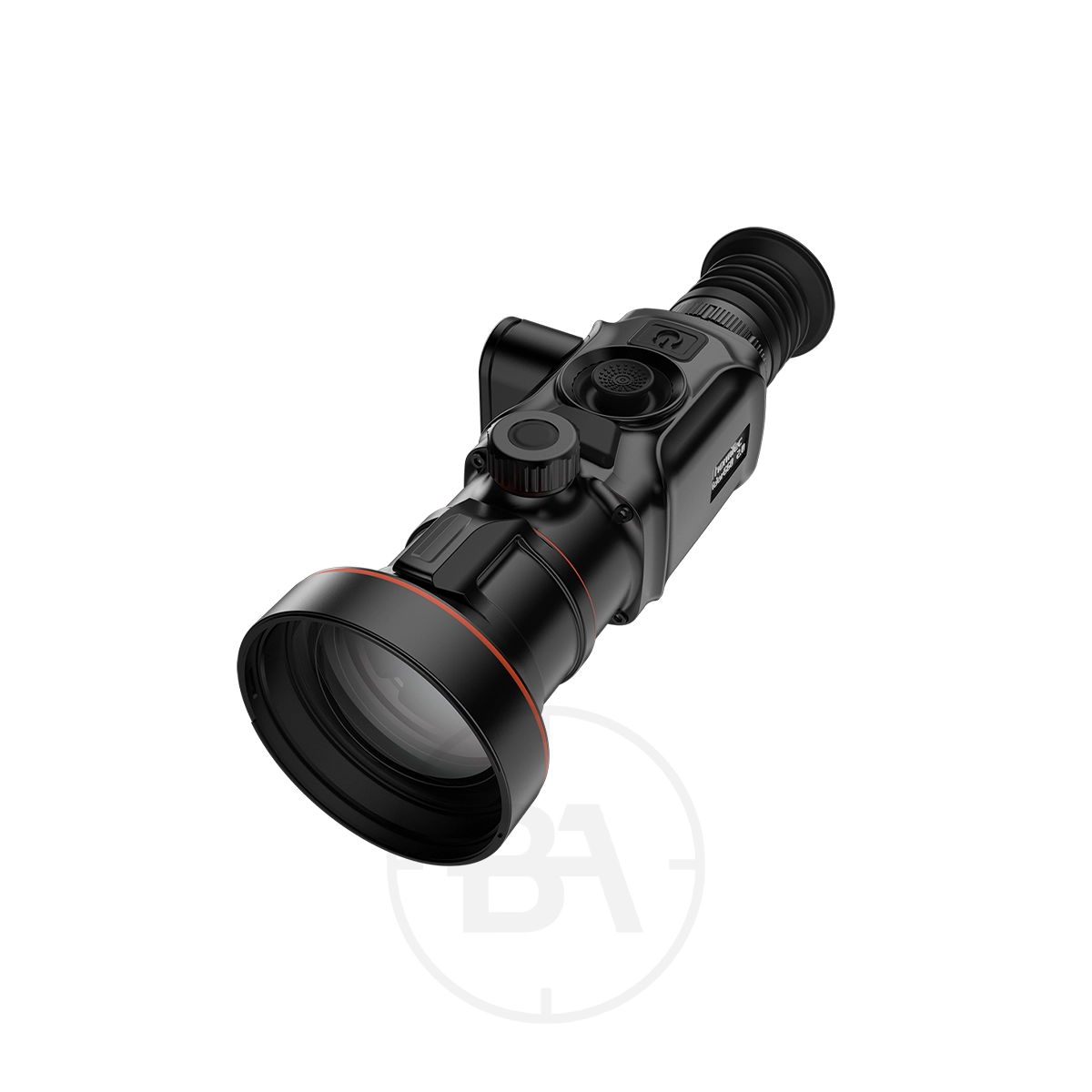 ThermTec 660 2.0 Thermal lmaging Rifle Scope 1 The ThermTec 660 2.0 Thermal Imaging Rifle Scope, a black high-tech device with a large lens, control buttons, and eyepiece, is shown on a plain white background.