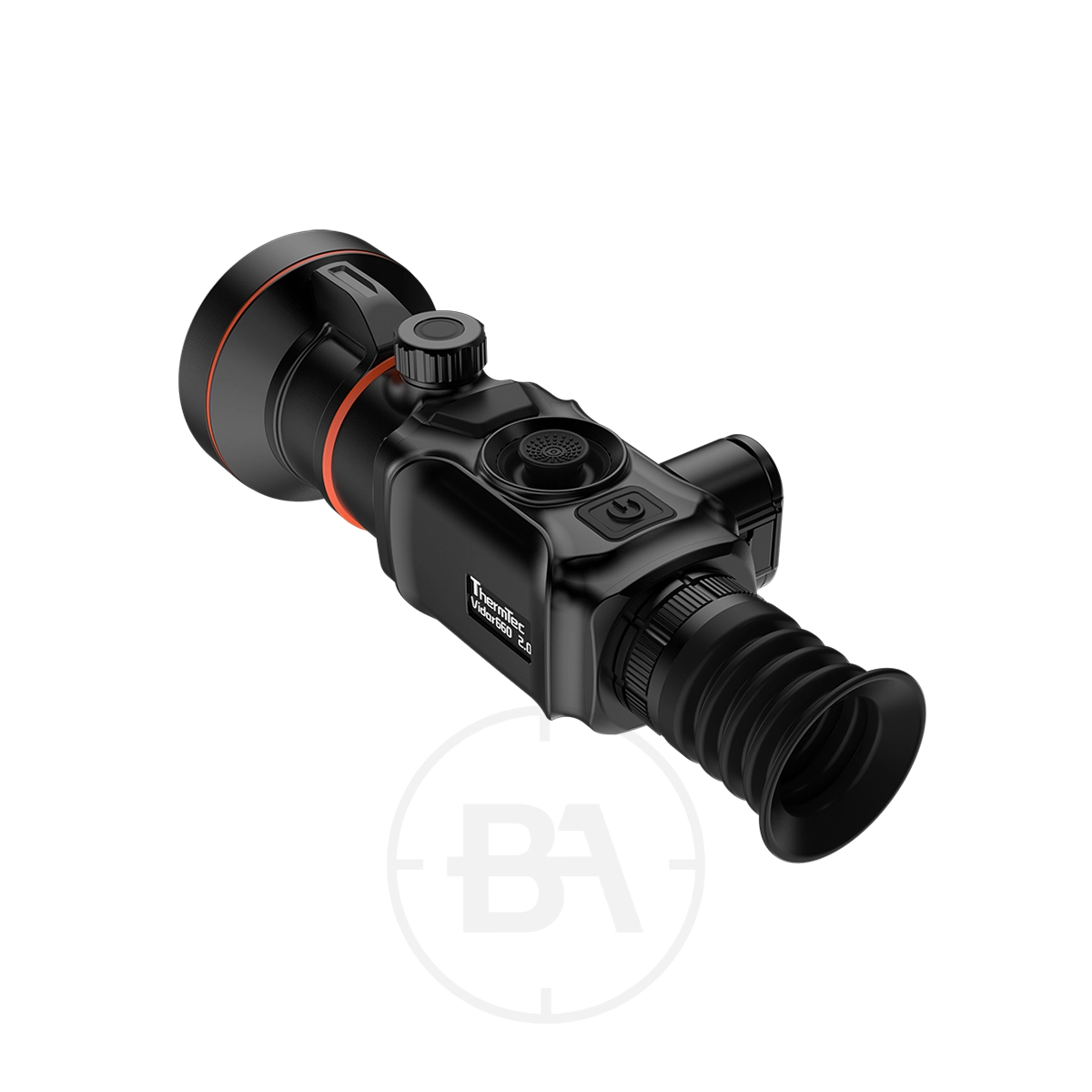ThermTec 660 2.0 Thermal lmaging Rifle Scope 3 A ThermTec 660 2.0 Thermal Imaging Rifle Scope in black, featuring control buttons, eyepiece, and lens, is displayed on a white background.