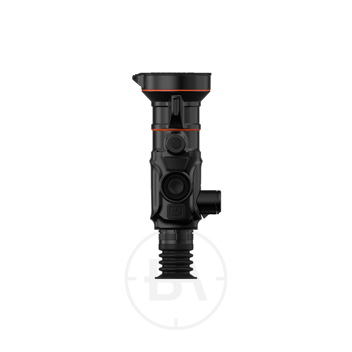 ThermTec 660 2.0 Thermal lmaging Rifle Scope 5 Black plastic industrial valve or connector with orange accents, shown vertically against a white background—ideal for use with devices like the ThermTec 660 2.0 Thermal Imaging Rifle Scope.