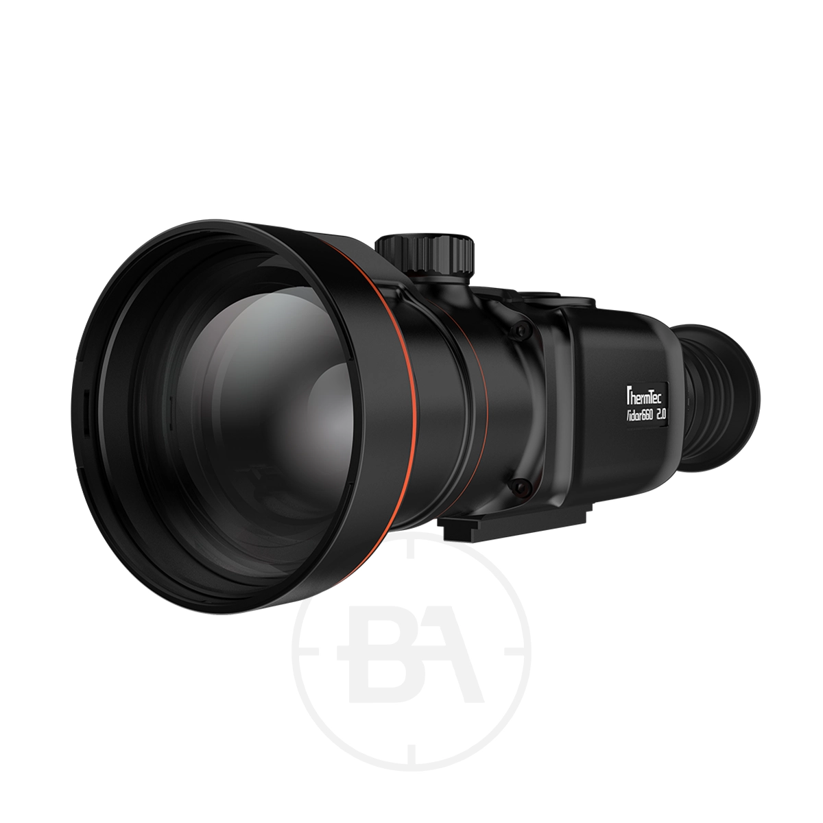 ThermTec 660 2.0 Thermal lmaging Rifle Scope 9 A ThermTec 660 2.0 Thermal Imaging Rifle Scope in black, featuring a large lens, adjustment dial, and a prominent red accent ring near the front.
