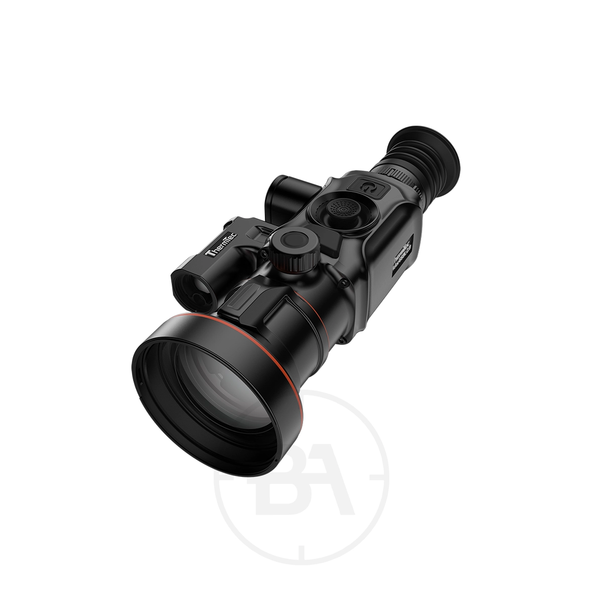 ThermTec Vidar 660L 2.0 Thermal lmaging Rifle Scope 1 Black digital night vision scope with adjustment knobs, lens cover, and eyepiece on a white background—perfect to pair with the ThermTec Vidar 660L 2.0 Thermal Imaging Rifle Scope for improved visibility.