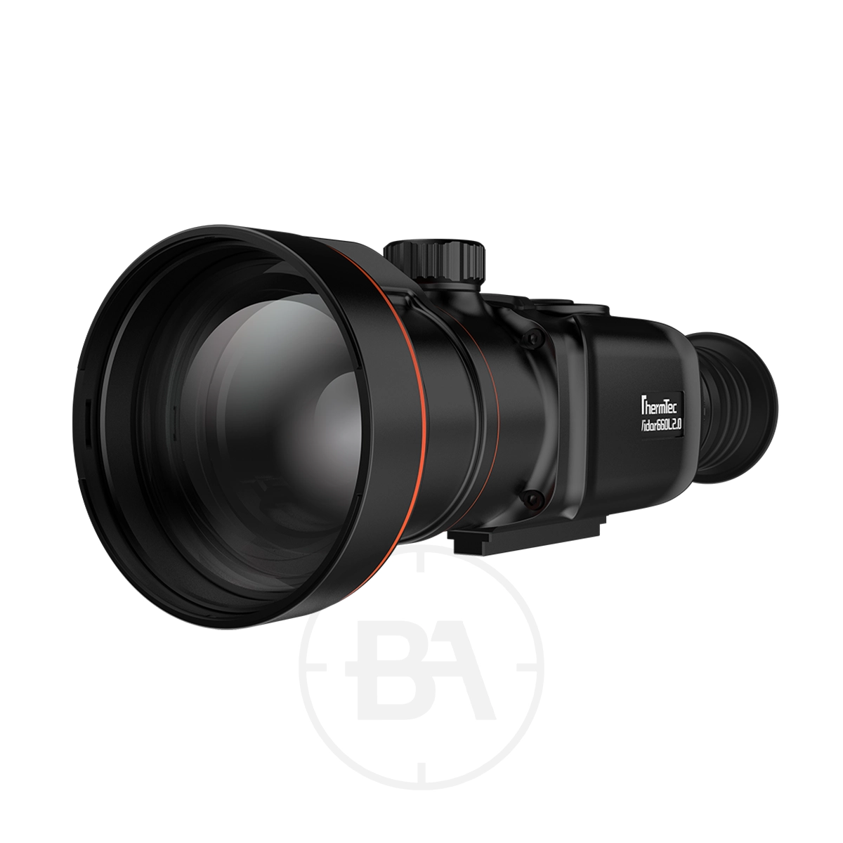 ThermTec Vidar 660L 2.0 Thermal lmaging Rifle Scope 5 The ThermTec Vidar 660L 2.0 Thermal Imaging Rifle Scope in black, featuring a large objective lens, adjustment knobs, and a rubber eyepiece, is displayed against a white background.