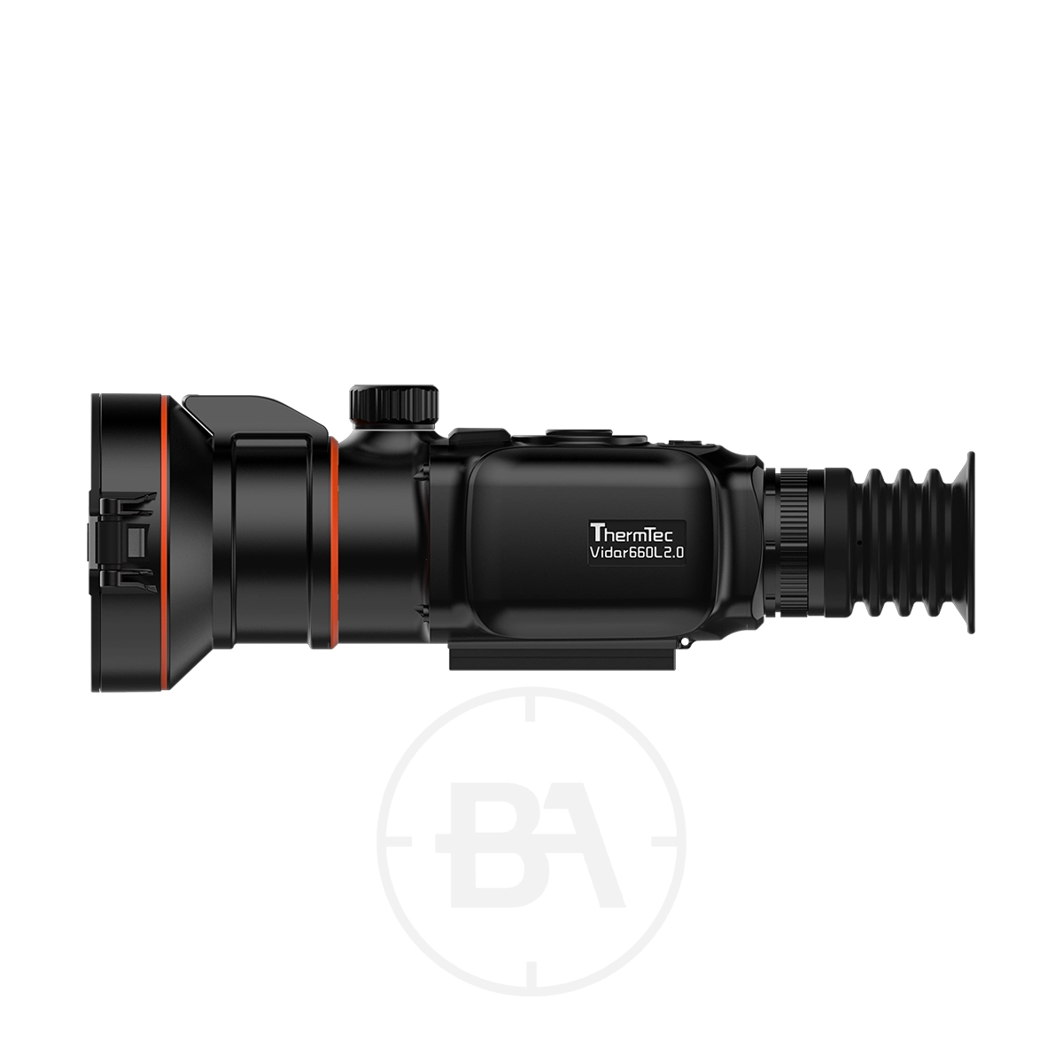 ThermTec Vidar 660L 2.0 Thermal lmaging Rifle Scope 7 Side view of a black ThermTec Vidar 660L 2.0 thermal imaging rifle scope with orange accents, ribbed eyepiece, and styling similar to the Vidar 650L.