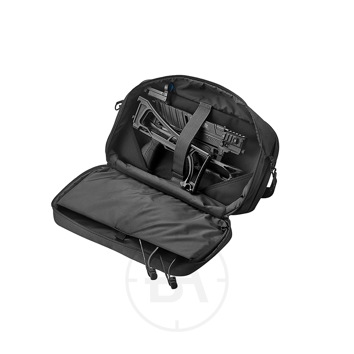 EK Archery Vlad Crossbow Case 3 The EK Archery Vlad Crossbow Case is shown in black with its main compartment open, displaying a secured, folded crossbow inside.