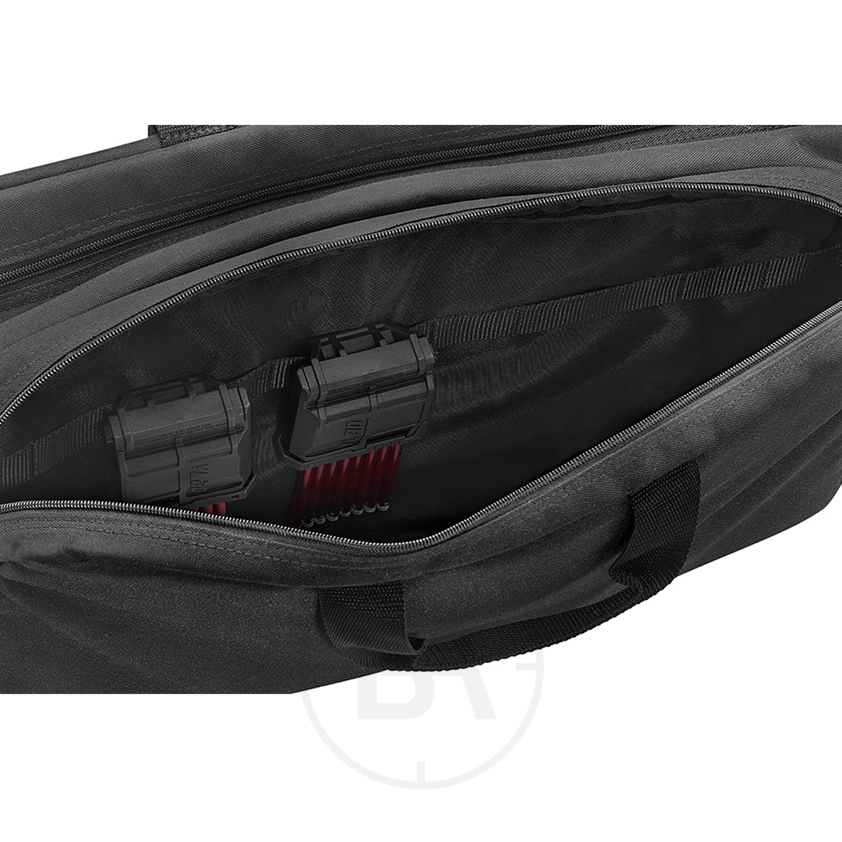 EK Archery Vlad Crossbow Case 5 A close-up of an open black EK Archery Vlad Crossbow Case reveals two black magazines with red ammunition visible inside a zippered compartment.