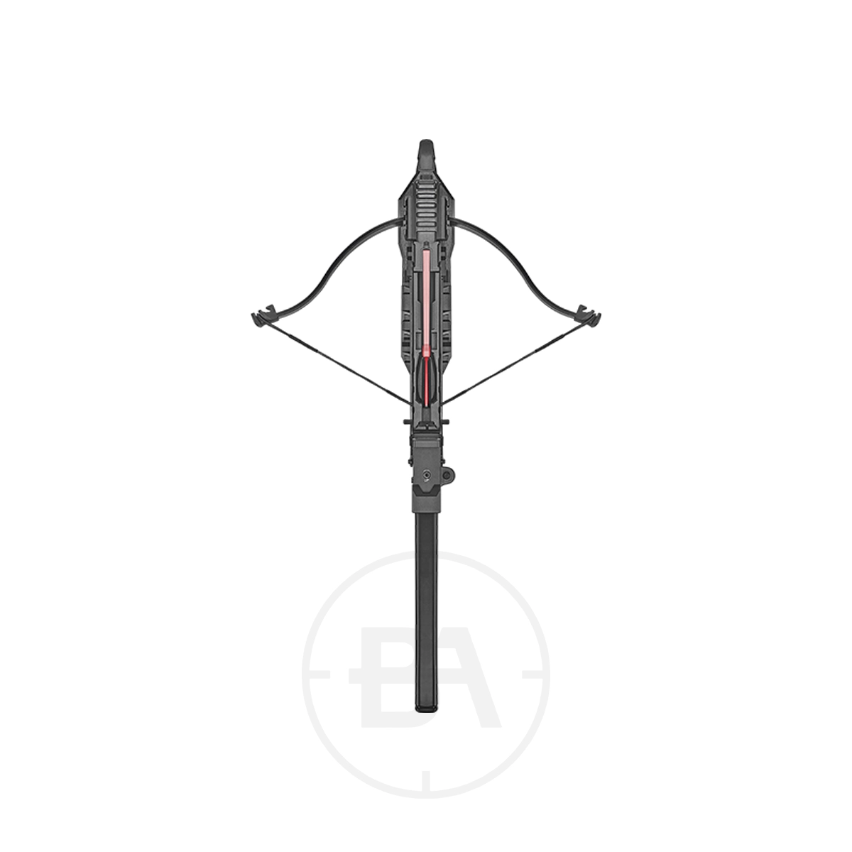 EK Archery Vlad 8 Shot Crossbow Pistol 5 Top-view illustration of the EK Archery Vlad 8 - Shot Pistol Crossbow, highlighting its black finish, central bolt, and intricate mechanical details.