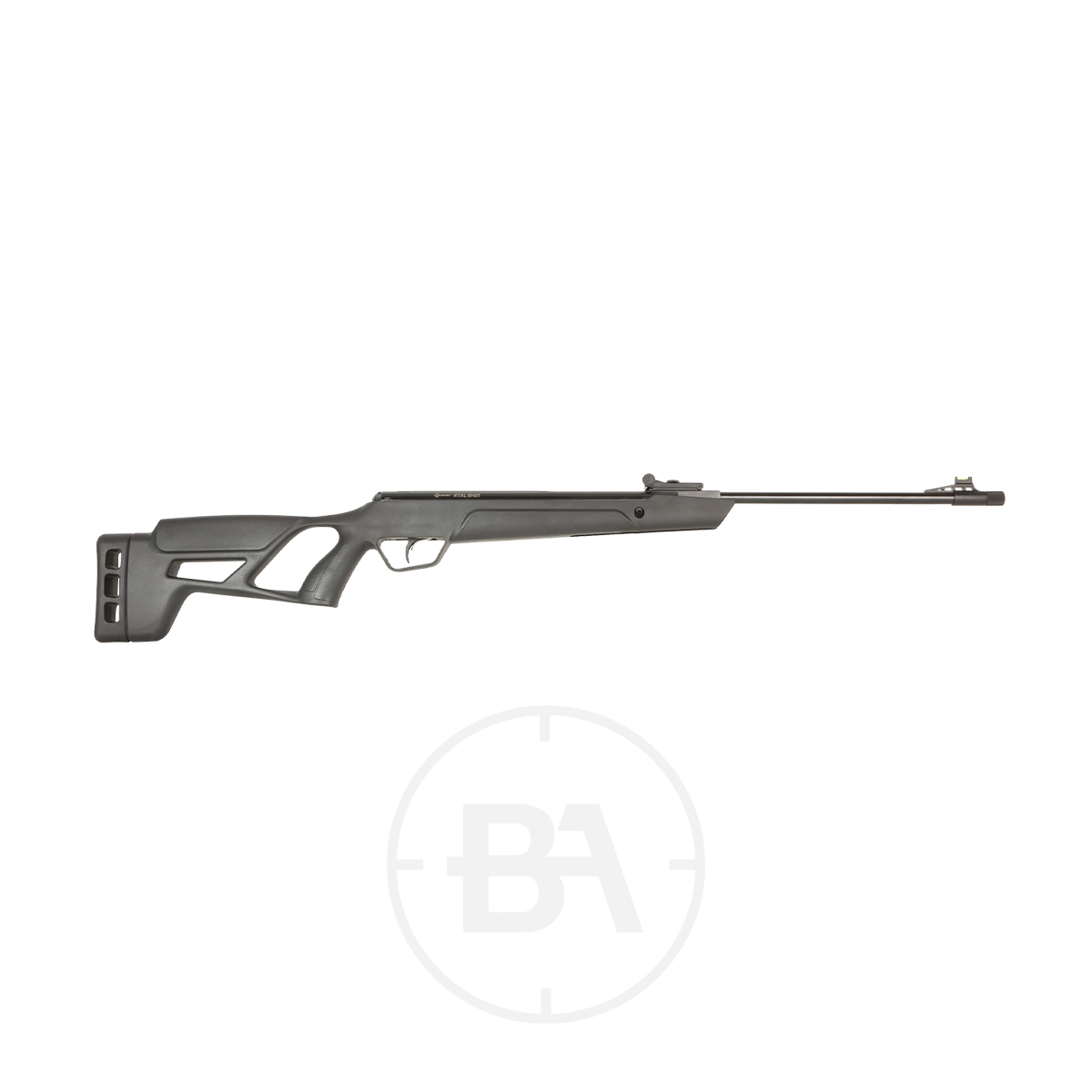 Crosman Vital Shot Spring Air Rifle 1 The Crosman Vital Shot Spring Air Rifle, a modern black model with a synthetic stock, thumbhole grip, and adjustable shoulder pad, is displayed on a plain white background.