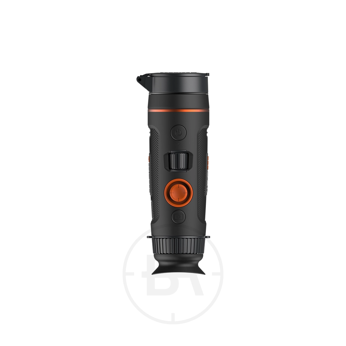 ThermTec Wild 335 Thermal lmaging Monocular 3 The ThermTec Wild 335 Thermal Imaging Monocular, shown upright against a white background, features a black and orange design with multiple buttons and a textured grip for easy handling.