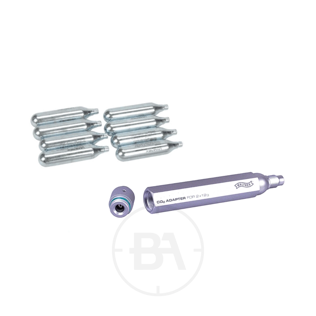 Walther 88 to 12 Gram CO2 Adaptor With 8x 12g CO2 Cylinders 1 The Walther 88 to 12 Gram CO2 Adaptor With Cylinders includes eight silver CO2 cylinders, a purple adaptor, and a small metal fitting, all displayed on a white background.
