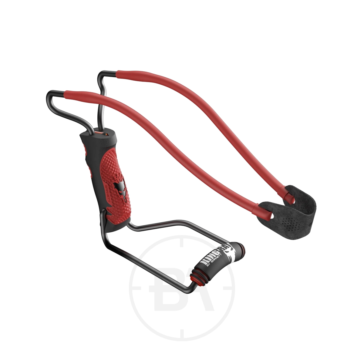 Barnett King Rat Black Widow Slingshot Catapult 5 The Barnett Black Widow Slingshot Catapult features a sleek black and red handle, red bands, and a black pouch—ideal for precision launching in the style of a classic catapult.
