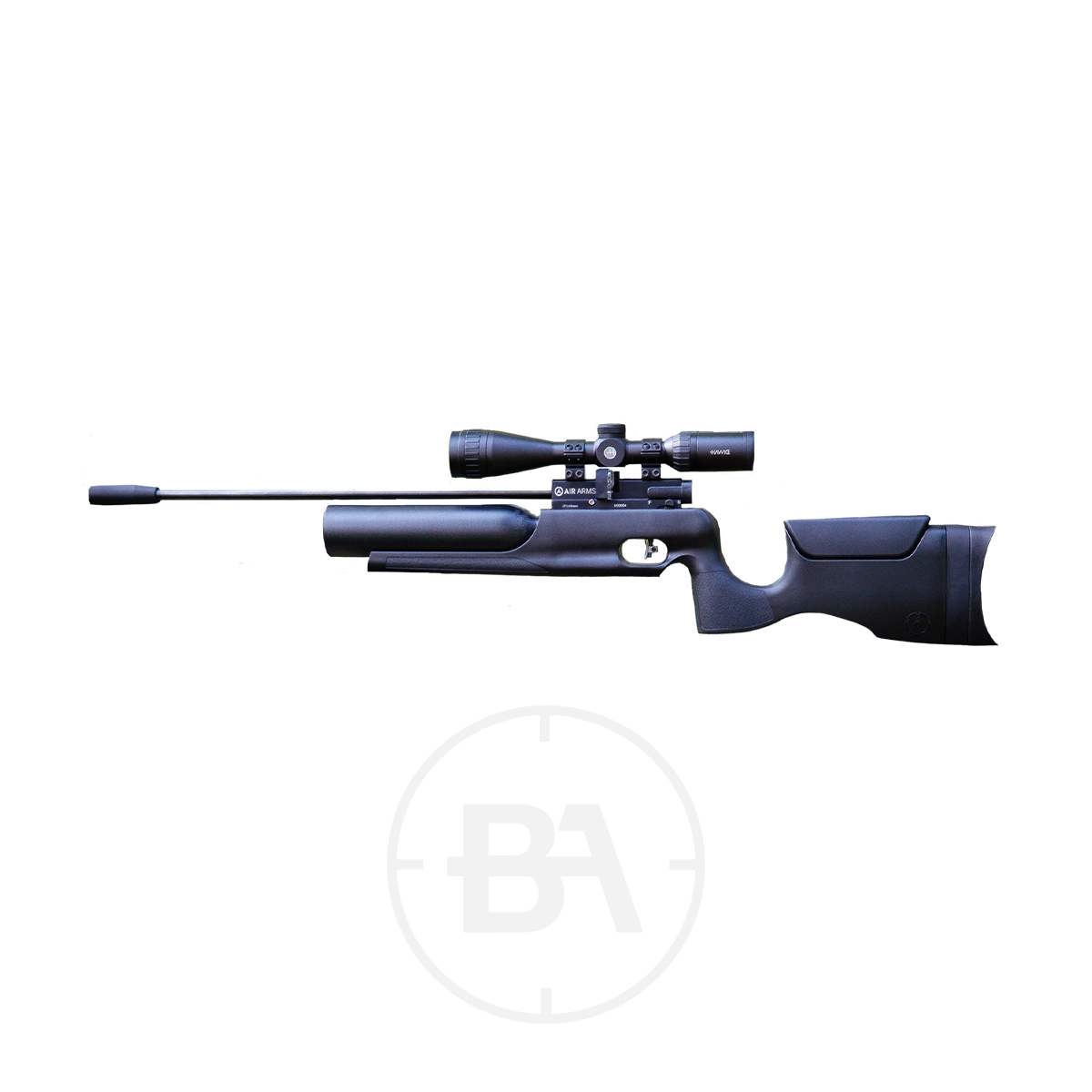Air Arms X200 Vanguard PCP Air Rifle 2 A black Air Arms X200 Vanguard PCP air rifle with a mounted scope and silencer is shown on a white background, featuring a modern synthetic stock, ergonomic grip, and adjustable cheek rest.