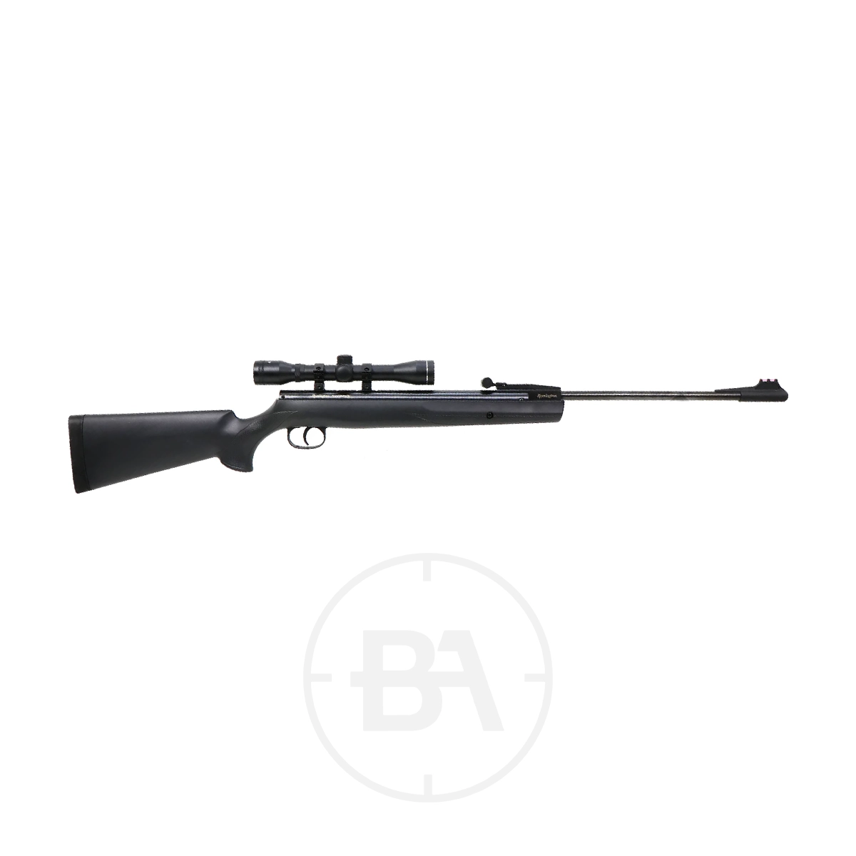 Remington Express Spring Air Rifle With Scope 1 A black air rifle with a scope attachment, displayed on a white background.